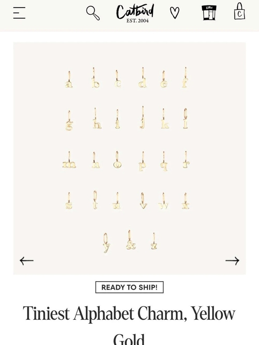 Catbird Tiniest Alphabet Charm, 14k Solid Gold Letter “m”